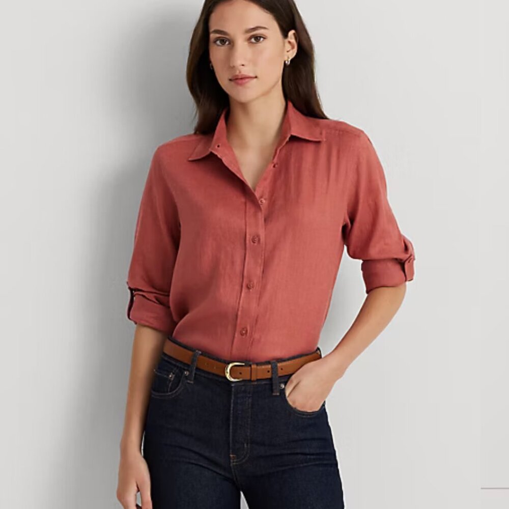 EUC Women's RALPH LAUREN Relaxed Fit‎ Linen Roll Tab-Sleeve Shirt | Size L